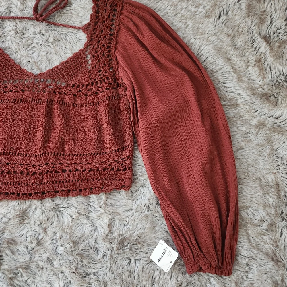 Free People Cynthia Crochet Crop Top Brick Red Women's Size Large‎